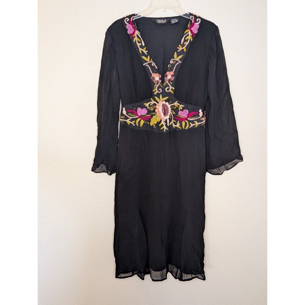 TWOOFUS NY Whimsigoth Embroidered Midi Dress 14 Boho Fairy Cottagecore Romantic - Picture 2 of 9